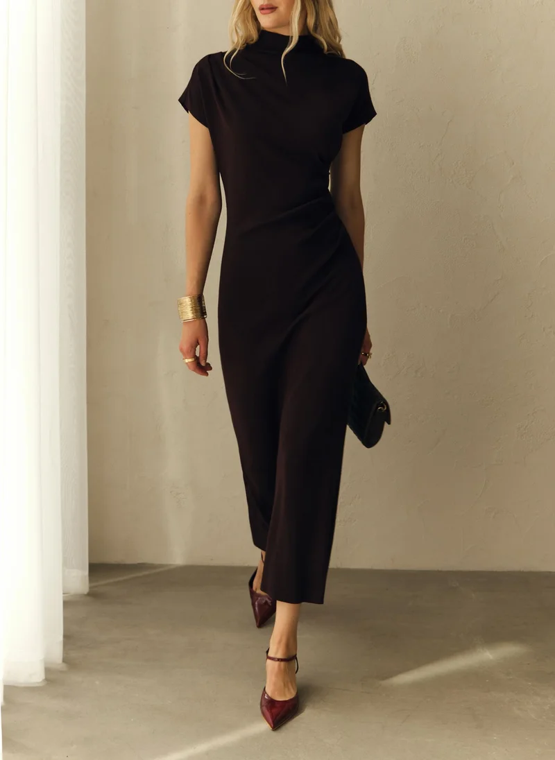 Lichi Knitted midi dress with stand-up collar and asymmetric gathers